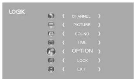 LOGIK ( CHANNEL ) ( PICTURE ) ( SOUND ) ( TIME ) ( OPTION ) ( LOCK ) ( EXIT )