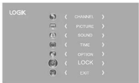 LOGIK ( CHANNEL ) ( PICTURE ) ( SOUND ) ( TIME ) ( OPTION ) ( LOCK ) ( EXIT )