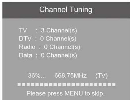 Channel Tuning TV : 3 Channel(s) DTV : 0 Channel(s) Radio : 0 Channel(s) Data : 0 Channel(s) 36%... 668.75MHz (TV) Please press MENU to skip.