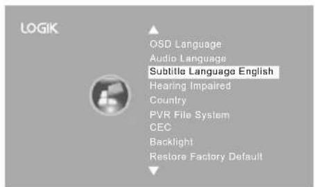 LOGIK QSD Language Audio Language Subtitle Language English Hearing Impaired Country PVR File System CEC Backlight Restore Factory Default