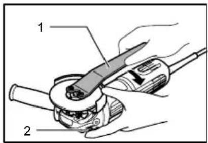 Technical diagram showing a hand using a power tool to adjust or install a mechanical component, labeled with parts 1 and 2.