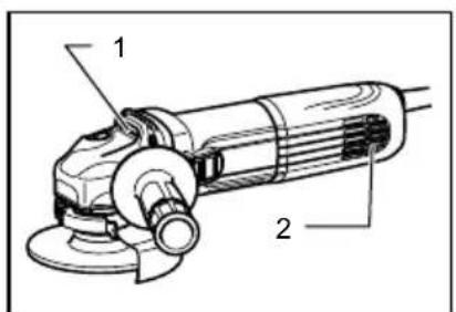 Technical diagram of a power tool with labeled parts 1 and 2