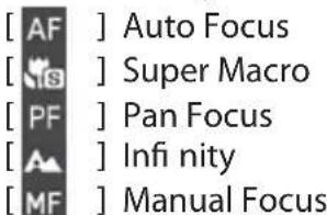 [AF] Auto Focus [IS] Super Macro [PF] Pan Focus [A] Infi nity [MF] Manual Focus