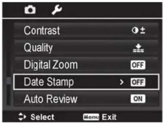 Contrast Quality Digital Zoom Date Stamp > OFF Auto Review ON Select Menu Exit