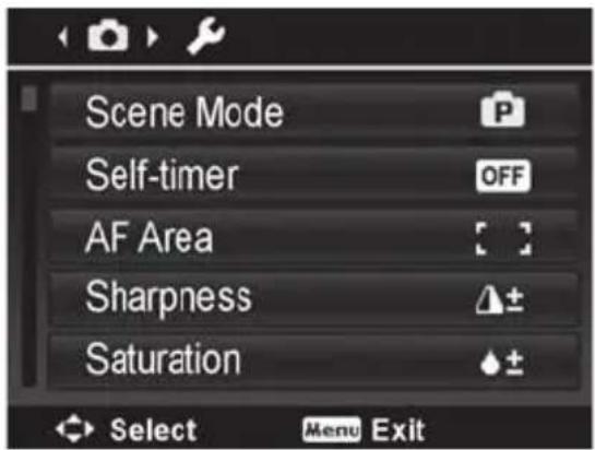 Scene Mode Self-timer OFF AF Area [ ] Sharpness ± Saturation + ± Select Menu Exit