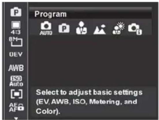 Program Select to adjust basic settings (EV, AWB, ISO, Metering, and Color).