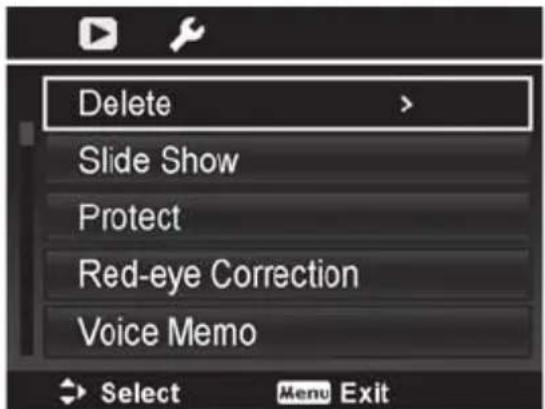 Delete Slide Show Protect Red-eye Correction Voice Memo Select Menu Exit