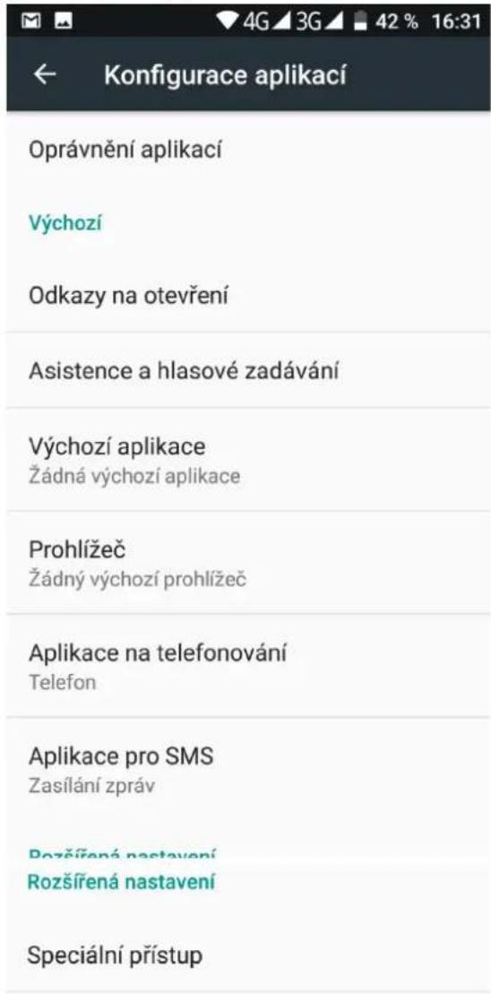 Konfigurace aplikací Oprávnění aplikací Výchozí Odkazy na otevření Asistence a hlasové zadávání Výchozí aplikace Žádná výchozí aplikace Prohlížeč Žádný výchozí prohlížeč Aplikace na telefonování Telefon Aplikace pro SMS Zasílání zpráv Rozšířená nastavení Rozšířená nastavení Speciální přístup