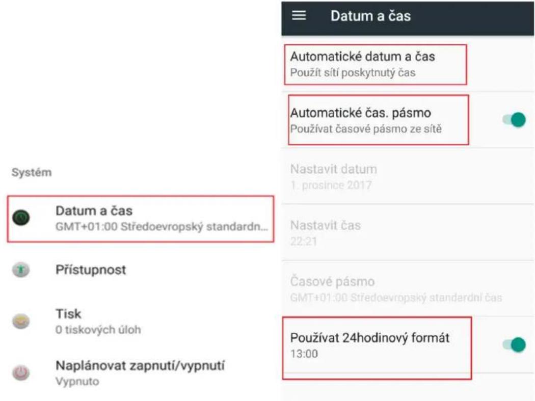Datum a čas Automatické datum a čas Použít sítí poskytnutý čas Automatické čas. pásmo Používat časové pásmo ze sítě Nastavit datum 1. prosince 2017 Datum a čas GMT+01:00 Středoevropský standardn... Přístupnost Časové pásmo GMT+01:00 Středoevropský standardní čas Tisk 0 tiskových úloh Používat 24hodinový formát 13:00 Naplánovat zapnutí/vypnutí Vypnuto