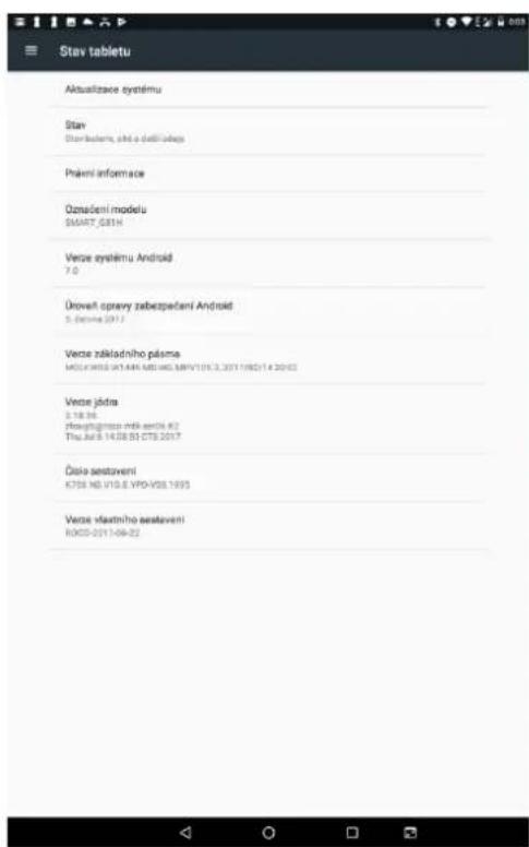 Stev tabletu Aktualizace systému Stav Stavebacteri, sítě o dětičíklage Právní informace Označení modelu SMART_081H Verze systému Android 7.0 Údrovi opravy zabezpečení Android 5. Dezima 2012 Verze základního plasma MOLV WISS 04-1494 MD 0603 MRV1016.3.2011/06/14 2013 Verze jídra 0.18.36 Noglasgnostno měk svěný 67 Thu.06.9 14:08:03 CTB.2017 Číslo sestavení K758 NO. V10.Š VPD-VSS.1995 Verze vlastního sestavení R000-0211-06-22