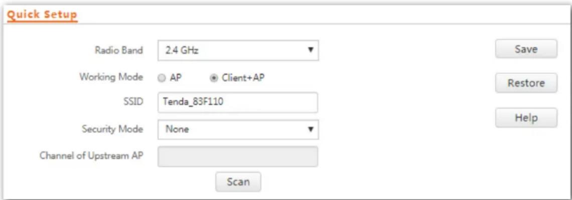 Tenda W9 - Step 3 Set Working Mode to Client+AP. - 1