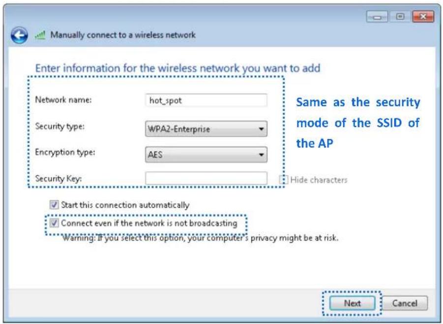 Tenda W9 - Step 4 Enter wireless network informaon, select Connect even if the network is not broadcasting, and click Next. - 1