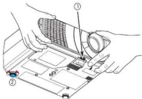 Technical diagram showing hands installing components on a computer motherboard with numbered parts labeled ① and ②