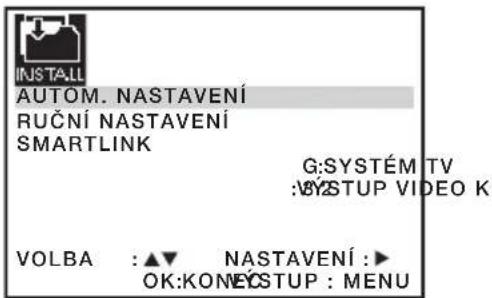 INSTALL AUTOM. NASTAVENÍ RUČNÍ NASTAVENÍ SMARTLINK G:SYSTÉM TV :VYSTUP VIDEO K VOLBA : ▲▼ NASTAVENÍ : ▶ OK:KONEYSTUP : MENU