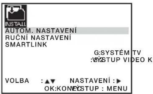 INSTALL AUTOM. NASTAVENÍ RUČNÍ NASTAVENÍ SMARTLINK G:SYSTÉM TV :VYSTUP VIDEO K VOLBA : ▲▼ NASTAVENÍ :► OK:KONECSTUP : MENU