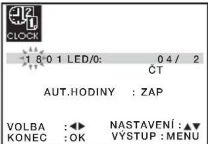 CLOCK -1 8 0 1 LED/0: 0 4 / 2 ČT AUT.HODINY : ZAP VOLBA : ◀▶ NASTAVENÍ : ▲▼ KONEC : OK VÝSTUP : MENU