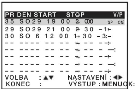 PR DEN START STOP V/P 3 5 SO 2 9 1 9 0 0 2 000 SP ON 2 9 SO 2 9 2 1 0 0 2 3 0 -1:- 3 0 SO 6 1 2 0 0 1→3 0 -3:- -- -- -- -- -- -- -- -- -- + - -- -- -- -- -- -- -- -- -- -- - :- -- -- -- -- -- -- -- -- -- -- - + - -- -- -- -- -- -- -- -- -- -- - :- -- -- -- -- -- -- -- -- -- -- - + - VOLBA : ▲▼ NASTAVENÍ : ◀► KONEC : VÝSTUP : MENUOK: