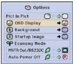 Options Pict in Pict OSD Display Background Startup Image Economy Mode MNTR Out/RS232C Auto Power Off