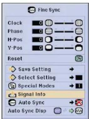 Fine Sync Clock 0 Phase 0 H-Pos 0 V-Pos 0 Reset Save Setting → Select Setting → Special Modes → 1 Signal Info Auto Sync → Auto Sync Disp