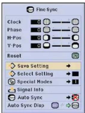 Fine Sync Clock 0 Phase 0 H-Pos 0 V-Pos 0 Reset Save Setting → Select Setting → Special Modes → Signal Info → Auto Sync → Auto Sync Disp →
