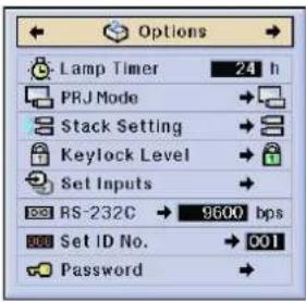 Options Lamp Timer 24 h PRJ Mode Stack Setting Keylock Level Set Inputs RS-232C 9600 bps Set ID No. 001 Password