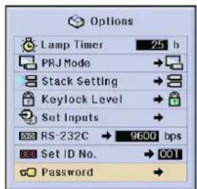 Options Lamp Timer 25 h PRJ Mode → Stack Setting → Keylock Level → Set Inputs → RS-232C → 9600 bps Set ID No. → 001 Password →