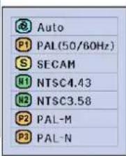 Auto P1 PAL(50/60Hz) SECAM N1 NTSC4.43 N2 NTSC3.58 P2 PAL-M P3 PAL-N