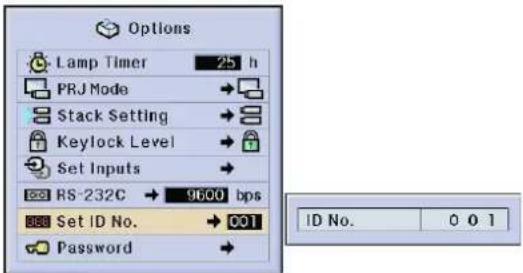 Options Lamp Timer 25 h PRJ Mode Stack Setting Keylock Level Set Inputs RS-232C → 9600 bps Set ID No. → 001 Password ID No. 0 0 1