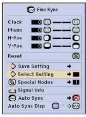 Fine Sync Clock 0 Phase 0 H-Pos 0 V-Pos 0 Reset Save Setting → Select Setting → Special Modes → 1 Signal Info Auto Sync → Auto Sync Disp