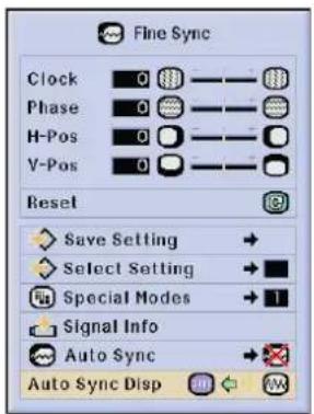 Fine Sync Clock 0 Phase 0 H-Pos 0 V-Pos 0 Reset Save Setting → Select Setting → Special Modes → 1 Signal Info Auto Sync → Auto Sync Disp