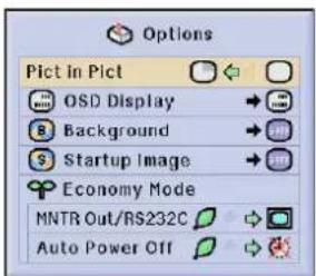 Options Pict in Pict OSD Display Background Startup Image Economy Mode MNTR Out/RS232C Auto Power Off