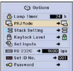 Options Lamp Timer 24 h PRJ Mode → Stack Setting → Keylock Level → Set Inputs → RS-232C → 9600 bps Set ID No. → 001 Password →