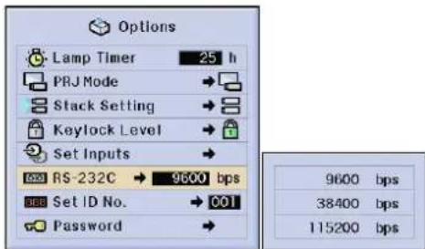 Options Lamp Timer 25 h PRJ Mode → Stack Setting → Keylock Level → Set Inputs → RS-232C → 9600 bps Set ID No. → 001 Password → 9600 bps 38400 bps 115200 bps