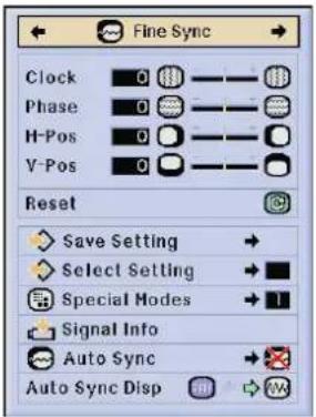 Fine Sync Clock 0 Phase 0 H-Pos 0 V-Pos 0 Reset Save Setting → Select Setting → Special Modes → 1 Signal Info Auto Sync → Auto Sync Disp →