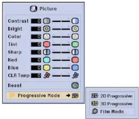 Picture Contrast 0 Bright 0 Color 0 Tint 0 Sharp 0 Red 0 Blue 0 CLR Temp 0 Reset Progressive Mode → 2D 2D 2D Progressive 3D 3D Progressive Film Mode