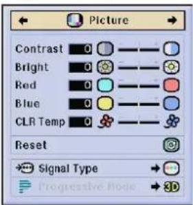 Picture Contrast 0 Bright 0 Red 0 Blue 0 CLR Temp 0 Reset Signal Type Progressive Mode 3D