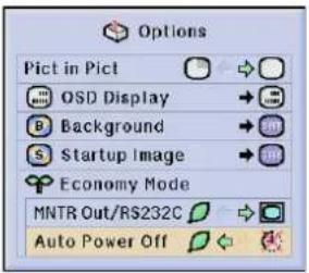 Options Pict in Pict OSD Display Background Startup Image Economy Mode MNTR Out/RS232C Auto Power Off