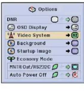 Options DNR OSD Display Video System Background Startup Image Economy Mode MNTR Out/RS232C Auto Power Off