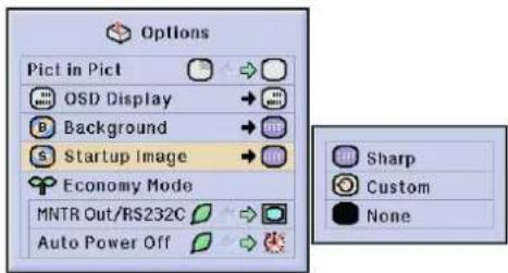 Options Pict in Pict OSD Display Background Startup Image Economy Mode MNTR Out/RS232C Auto Power Off Sharp Custom None