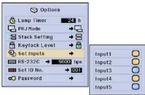 Options Lamp Timer 24 h PRJ Mode → Stack Setting → Keylock Level → Set Inputs → RS-232C → 9600 bps Set ID No. → 001 Password → Input1 Input2 Input3 Input4 Input5