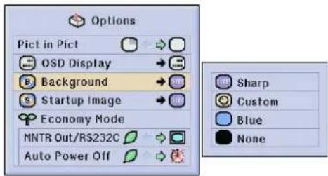 Options Pict in Pict OSD Display Background Startup Image Economy Mode MNTR Out/RS232C Auto Power Off Sharp Custom Blue None