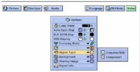Pictures Flow Sync Audio Language PRO Mode Status Options Loop Timer 1 h Auto Sync Disp BLK SCRIN Disp OISD Display Economy Mode Signal Type Background Startup Image Signal Info Computer/IGB Component