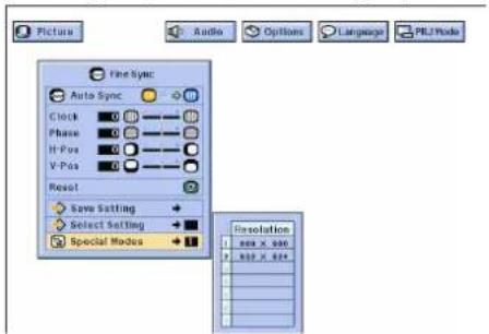Picture Audio Options Language PIL2 Mode File Sync Auto Sync Clock 0 Phase 0 H-Pos 0 V-Pos 0 Reset Save Setting Select Setting Special Modus Resolution 1.888 x .888 2.888 x .888 3. 4. 5. 6. 7. 8. 9. 10.