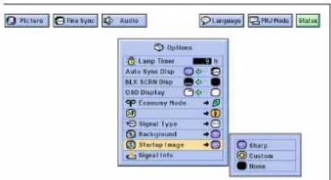 Picture Fine Sync Audio Language MRJ Mode Status Options Lamp Timer Auto Sync Clasp BLK SCREEN Clasp OSD Display Economy Node Signal Type Background Startup Image Signal Info Sharp Custom Noise
