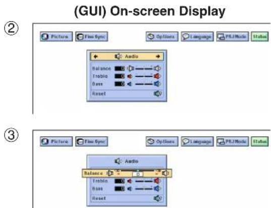 (GUI) On-screen Display Picture Free Sync Options Language PILJMode Status Balance Trouble Base Reset Audio Picture Free Sync Options Language PILJMode Status Audio Balance Trouble Base Reset