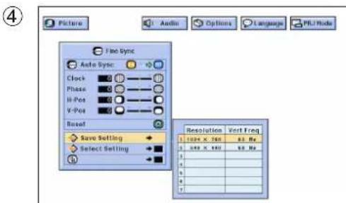Picture Audio Options Language PLJ Mode Fine Sync Auto Sync Clock Phase H-Pos V-Pos Reset Save Setting Select Setting Resolution Vert Freq 1.104 x 760 aa No 2.00 x 760 aa No 3. 4. 5. 6. 7.