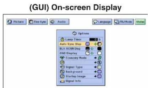 (GUI) On-screen Display Picture Fine Sync Audio Language FILU Mode Status Options Lamp Timer Auto Sync Drop BLK SCIN Drop OAD Display Economy Mode Signal Type Background Startup Image Signal Info