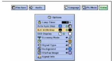 Fine Sync Audio Language FIL Mode Status Options Lamp Timer Auto Sync Drop BLK SCRIN Drop OEP Display Economy Mode Signal Type Background Startup Image Signal Info