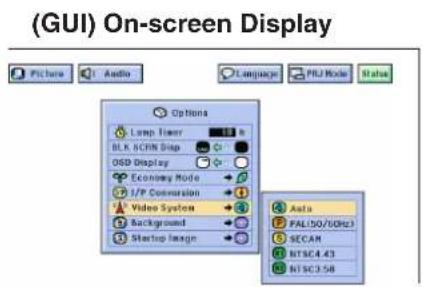 (GUI) On-screen Display Options Lamp Timer BLK HCM Ship OSD Display Economy Mode 1/7P Conversion Video System Background Startup Image Asia PAL50/OGH3 SECAM NTSC4.43 NTSC3.58