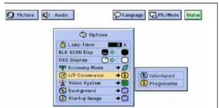 Pictures Audio Language PL/Mode Status Options Loop Timer BLK SCN Disp O3D Display Economy Mode I/P Conversion Video System Background Startup Image Interlaced Progressive